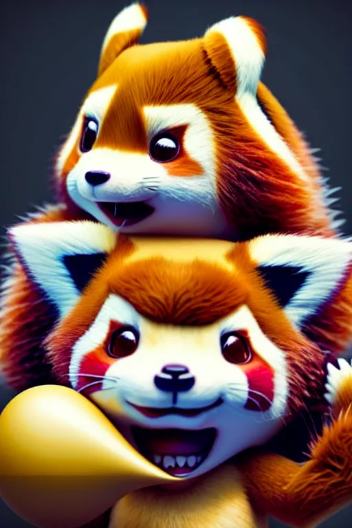 Image similar to high quality 3 d render hyperrealist very cute lowbrow happy red panda & hedgehog hybrid eating ice cream, vray smooth, detective pikachu, very dramatic light, low angle, uhd 8 k, shallow depth or field