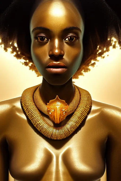 Image similar to hyperrealistic precisionist cinematic underwater scene with fish and algae, very expressive! translucent elegant african goddess, full body, gold jewerly, highly detailed face, digital art masterpiece, aykut aydogdu zener, dramatic volumetric light, long shot, low angle uhd 8 k, sharp focus