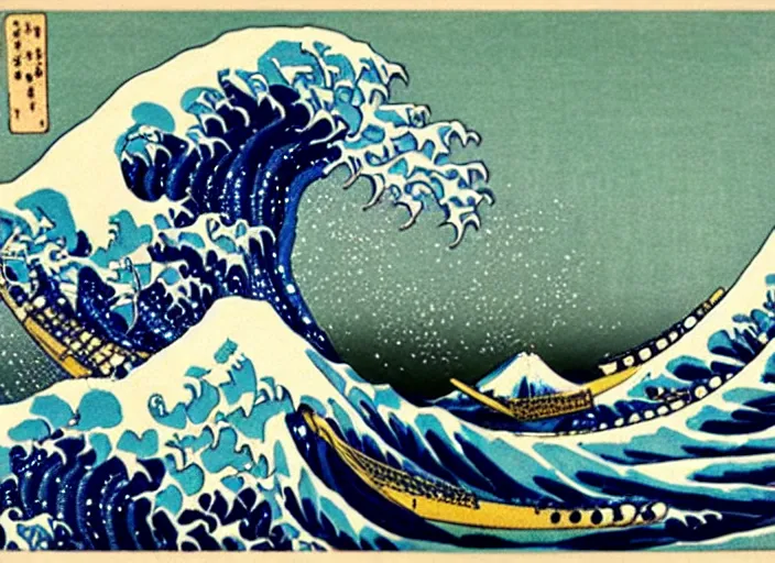 Image similar to the great wave off kanagawa is a woodblock print by the japanese ukiyo - e artist hokusai, probably made in late 1 8 3 1 during the edo period of japanese history. the print depicts three boats moving through a storm - tossed sea, with a large wave forming a spiral in the centre and mount fuji visible in the background