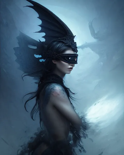 Prompt: fantasy portrait of a dark angel with a blindfold on his eyes!!, highly detailed, moist foggy, abstract dragons around in a intricate background, complex 3 d render by ilya kuvshinov, peter mohrbacher. unreal engine, blender, octane, ray tracing. sharp focus, masterpiece, post processing, deviantart