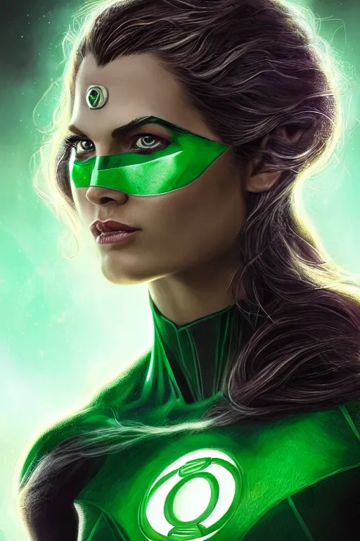 Image similar to Majestic and regal portrait of a female Green Lantern, DC universe, Perfect face, beautiful, intricate, epic, elegant, menacing, fantasy, highly detailed, digital painting, hard focus, beautiful volumetric lighting, epic light, ultra detailed, by Leesha Hannigan, Ross Tran, Thierry Doizon, Kai Carpenter, Ignacio Fernández Ríos