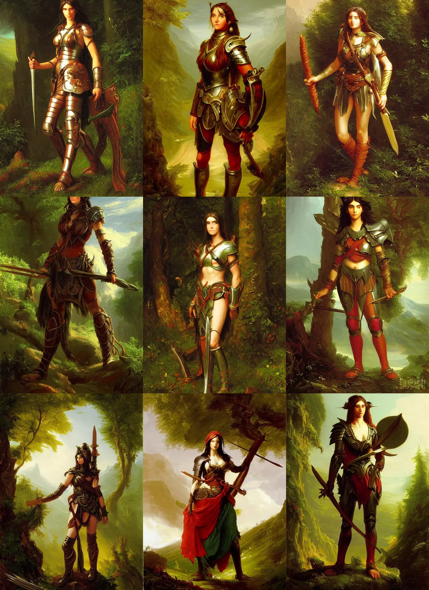 Prompt: thomas cole painting of a detailed d & d style full body beautiful face female forest warrior wearing full armor