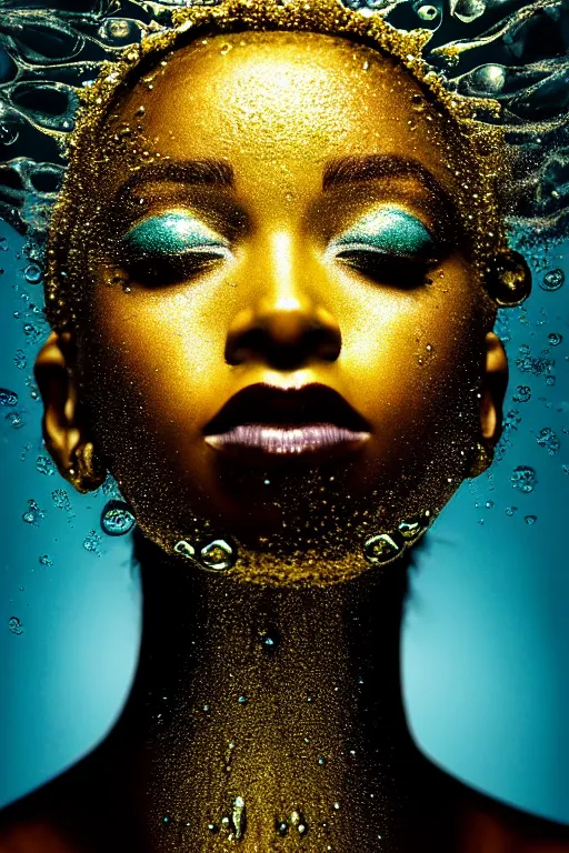 Image similar to hyperrealistic post - dada cinematic very expressive! profile black oshun goddess, shoulders from water!!, mirror dripping droplet!, gold flowers, highly detailed face, digital art masterpiece, smooth eric zener cam de leon, dynamic pearlescent teal light, low angle uhd 8 k, sharp focus