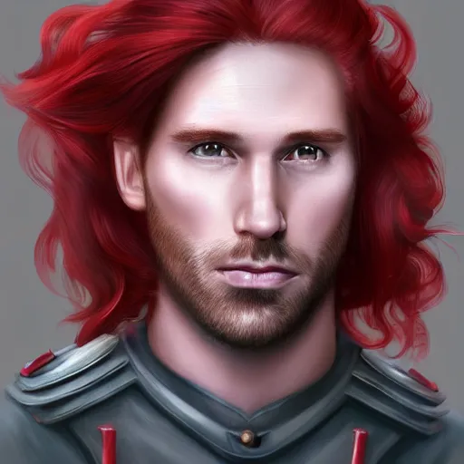 Image similar to portrait of a handsome male ship captain with long red hair!!!!!!, 30 years old, bashful, upper body, ethereal, muscular, friendly, playful, D&D, hairworks, Unreal 4, fantasy, elegant, highly detailed, digital painting, hairworks, deviantart, artstation, concept art, sharp focus, dramatic lighting, illustration, art by Artgerm and Greg Rutkowski and Alphonse Mucha