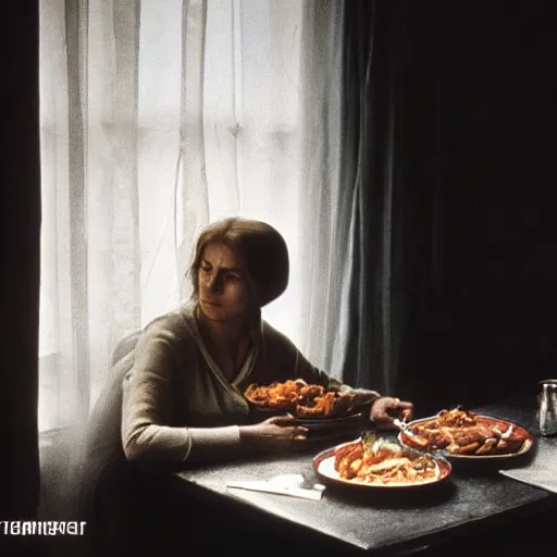 Image similar to 4 k remaster extremely detailed cinematic movie still from soviet movie a soviet woman sitting at a table next to the window with food, dark warm light, a character portrait by margarita terekhova, movie stalker solaris film still by andrei tarkovsky, 8 k, close - up bokeh, gelios lens, color, noir