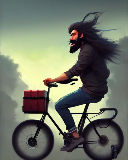 Image similar to a ultradetailed painting of a long - haired bearded uber eats food delivery guy on a bicycle, greg rutkowski and makoto shinkai trending on artstation