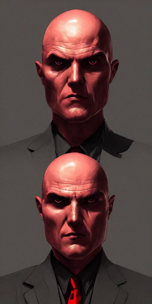 Image similar to an intricate and expressive portrait of agent 4 7 from hitman in a research lab full of clones, dark background, red rim light, highly detailed, digital art, artstation, concept art by giger stalenhag