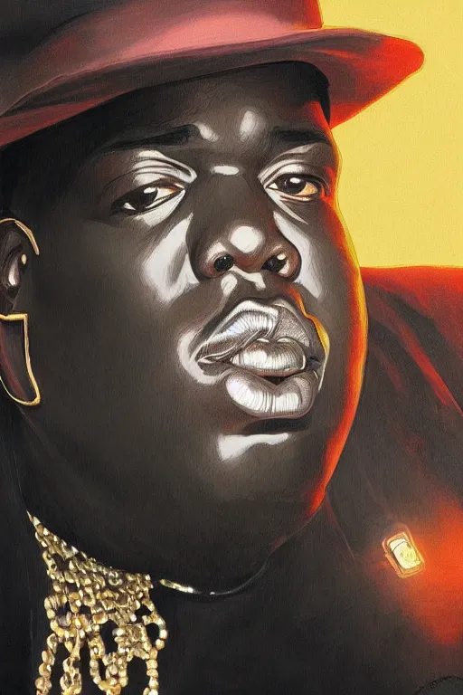 Prompt: portrait of notorious big with hat, staring directly into camera, intricate, elegant, glowing lights, highly detailed, digital painting, artstation, sharp focus, illustration, art by wlop, mars ravelo and greg rutkowski