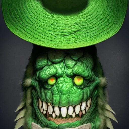 Image similar to a green hat with a monster's head on it, hyperdetailed, artstation, cgsociety, 8 k