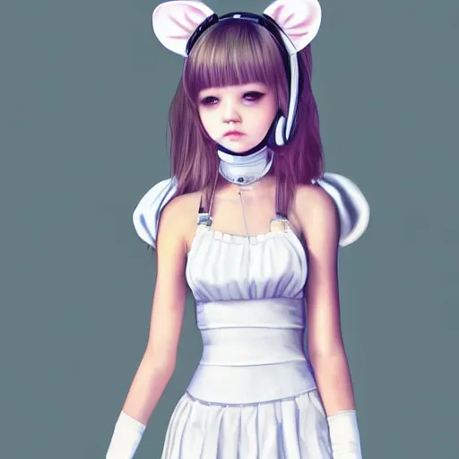 Image similar to realistic detailed semirealism beautiful gorgeous cute Blackpink Lalisa Manoban wearing white camisole maid outfit maid costume, white hair white cat ears blue eyes, headphones, black leather choker full HD 4K high resolution quality WLOP, Aztodio, Taejune Kim, Guweiz, Pixiv, Instagram, Artstation