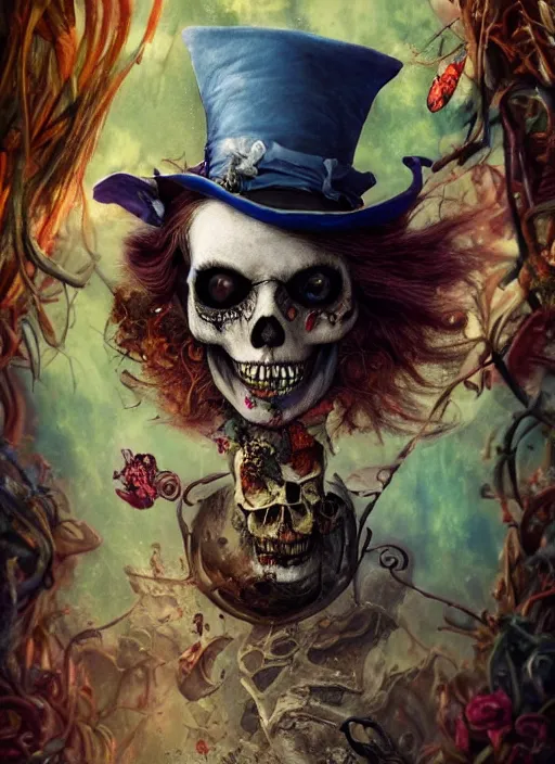 Image similar to Alice in Wonderland Mad Hatter Death Tarot card,highly detailed,half skull face,cinematic,8k,by Stanley Artgermm,Tom Bagshaw,Greg Rutkowski,Carne Griffiths, Ayami Kojima, Beksinski, Giger,Anne Stokes, Benjamin Lacombe, Naoto Hattori,trending on DeviantArt,hyper detailed,horror, full of colour