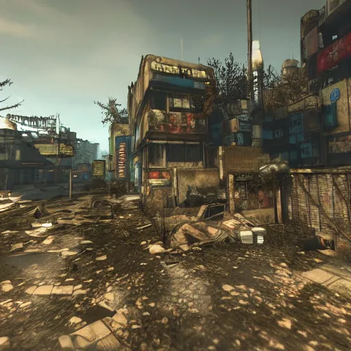 Image similar to Hong Kong in ruins post-nuclear war in Fallout 4, in game screenshot