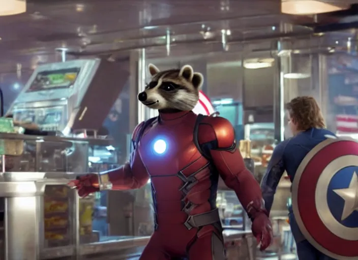 Prompt: film still of Rocket Racoon working at McDonald's in the new Avengers movie, 4k