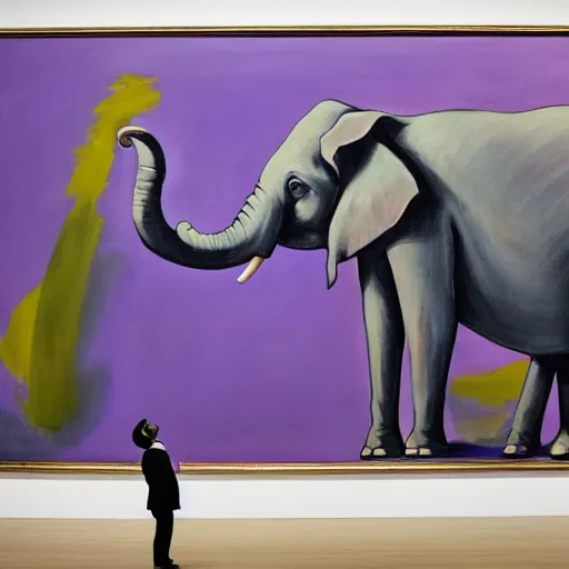 Image similar to in an art gallery, there is a huge painting of an elephant by marlene dumas. a man in a top hat and a suit is looking up at the painting. cgsociety, surrealism, surrealist, dystopian art, purple color scheme