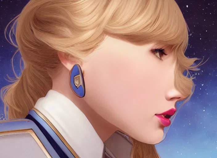 Image similar to a disney film still of taylor swift as a star trek officer, finely detailed features, closeup of the face, perfect art, dusk, blue hour, gapmoe yandere grimdark, trending on pixiv fanbox, painted by greg rutkowski, makoto shinkai, takashi takeuchi, alphonse mucha, akihiko yoshida