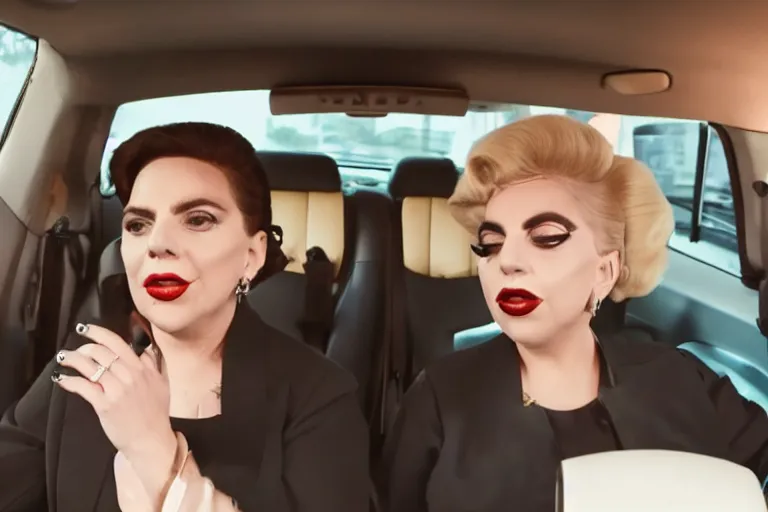 Image similar to lady gaga and judy garland in carpool karaoke, lady gaga, judy garland, red weapon 8 k s 3 5, cooke anamorphic / i lenses, highly detailed, cinematic lighting