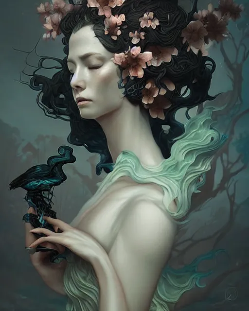 Prompt: fantasy portrait of a woman made of obsidian and smoke, carved Japanese Sakura wood organic overgrowth, peter mohrbacher, artgerm, James Jean