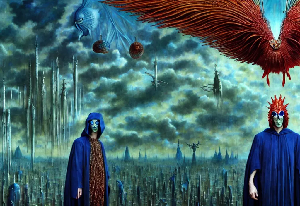 Image similar to realistic detailed portrait movie still of a birdman wearing dark robes, sci fi city landscape background by denis villeneuve, amano, yves tanguy, alphonse mucha, ernst haeckel, max ernst, roger dean, ridley scott, masterpiece, rich moody colours, blue eyes, snarling dog teeth