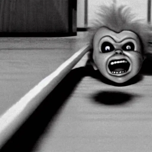 Image similar to security camera footage of screaming chucky doll crawling on the ceiling