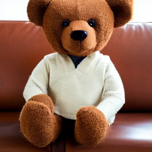 Prompt: a teddy bear with an unnerving smile wearing a sweater vest sitting on a couch, 4 k photo