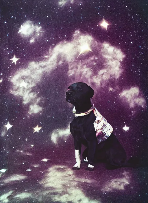 Prompt: a lumpy dog, body like a cloud, black, mutt, pitt, lab, short, fat, photorealistic leica s photograph, in outer space, kodachrome, psychedelic, platon