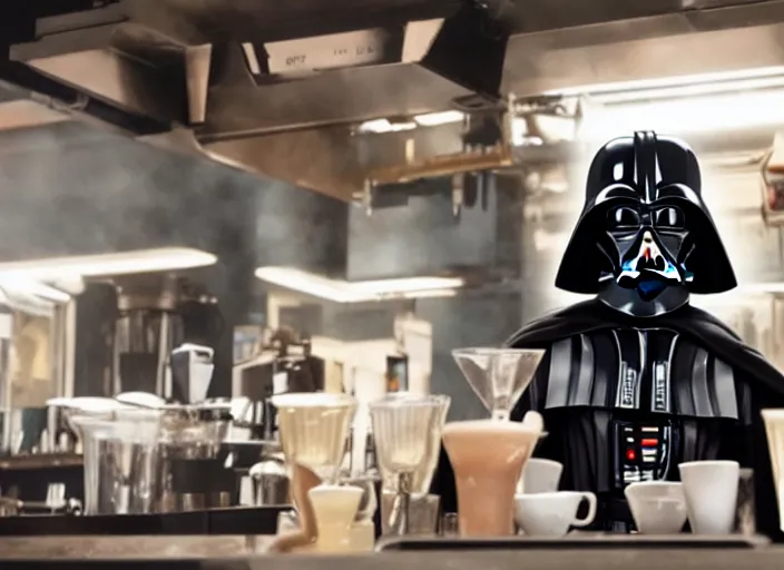 Image similar to film still of Darth Vader working as a barista in the new Star Wars movie, 4k