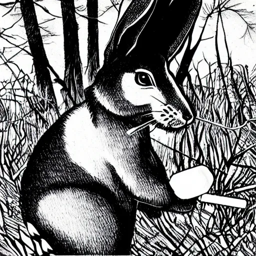 Image similar to an epic profile of a rabbit smoking a cigarette deep in the forest, striking pose, black and white illustration, creative design by junji ito