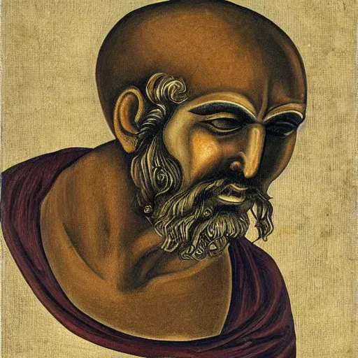 Image similar to portrait of ancient greek man yawning with big eyes and sharp nose. fine detail. artistic painting by lurid