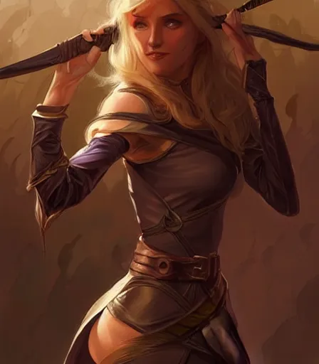 Prompt: half-elf rogue girl, hourglass slim figure, blonde and attractive features, dungeons and dragons portrait, highly detailed, digital painting, artstation, concept art, sharp focus, illustration, art by artgerm and greg rutkowski and alphonse mucha