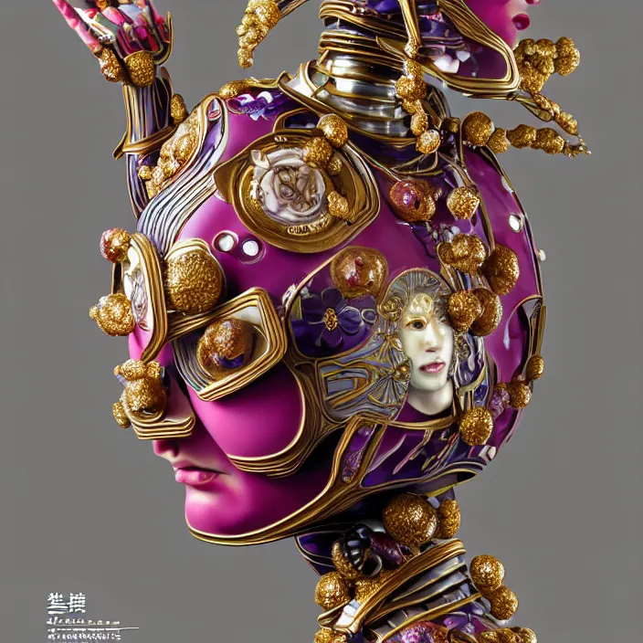 Image similar to ceramic cyborg, Kakiemon design with plums and stylized flowers in glaze and gilding, diffuse lighting, fantasy, intricate, elegant, highly detailed, lifelike, photorealistic, digital painting, artstation, illustration, concept art, smooth, sharp focus, art by John Collier and Albert Aublet and Krenz Cushart and Artem Demura and Alphonse Mucha