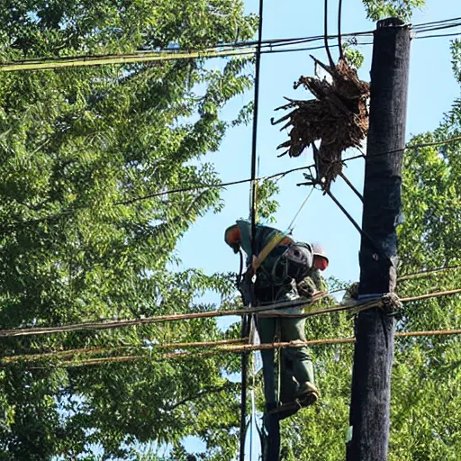 Prompt: a hornet nest on a telephone pole and a lineman working on the pole.