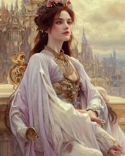 Image similar to a beautiful close up portrait of a female white knight sitting with elegant looks, flowing cape, ornate and flowing, intricate and soft by ruan jia, tom bagshaw, alphonse mucha, krenz cushart, beautiful roman architectural ruins in the background, epic sky, vray render, artstation, deviantart, pinterest, 5 0 0 px models