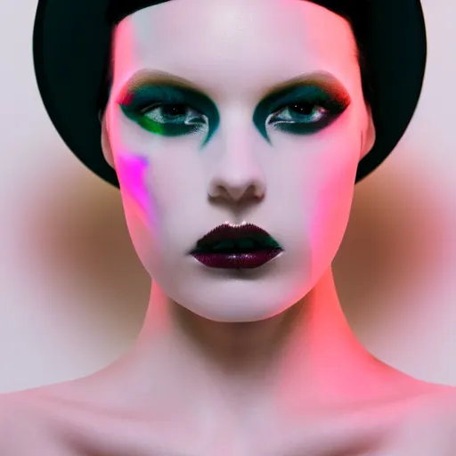 Prompt: high fashion photography of a model in neo futurism white sci - fi makup, transparent cloth, beautifully lit by white neon