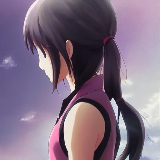 Image similar to a girl with a pink double ponytail, by makoto shinkai