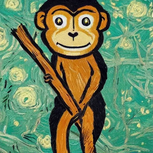 Prompt: monkey holding a stick, hitting a log, in the forest, in the style of Van Gogh