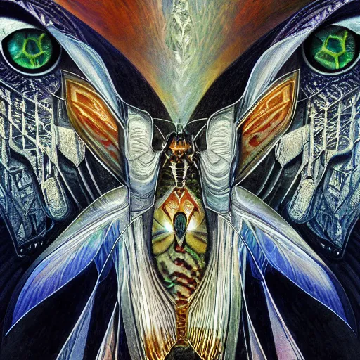 Prompt: beautiful closeup portrait of an art deco witch, glowing eyes. reflective detailed textures, moth wings, highly detailed dark fantasy science fiction painting by donato giancola and diego rivera, elaborate geometric ornament, ancient runes, silver and cool colors. artstation