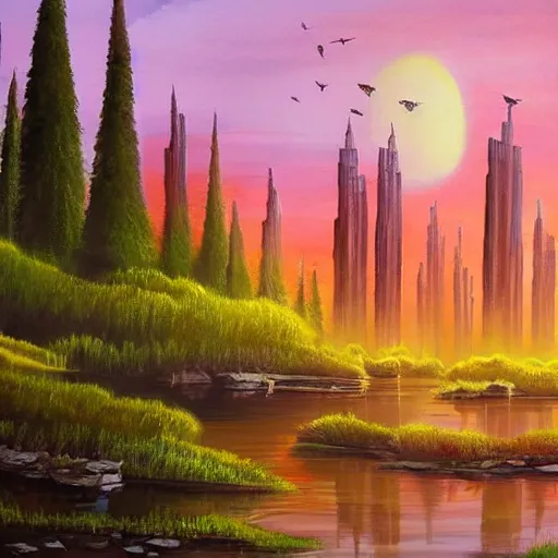 Prompt: Beautiful city of the far future in harmony with nature. Nice colour scheme, soft warm colour. Beautiful painting by Lurid. (2022)