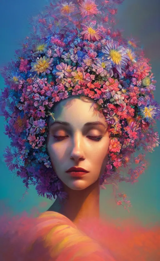 Image similar to a beautiful oil painting hyperrealism of a beautiful woman, flowers, floral headdress, 8 k resolution, octane render, trending on artstation, by gediminas pranckevicius, volumetric light 2 blue fractal thunder glow by dan mumford, anaglyph effect, laurie lipton