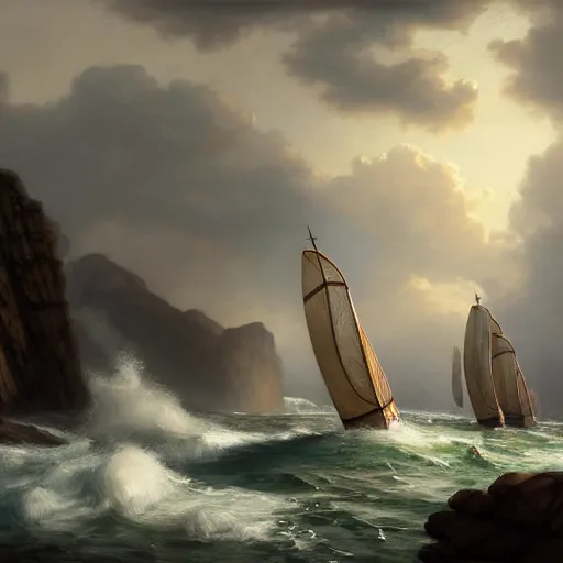 Prompt: a fleet of ancient trojan sailboats, amidst crashing waves and huge looming rocks, whirlpool, trireme, skiff, wooden sailboats, by greg rutkowski, grim, lightning flashes, sky swirling with black wind, dark sky, dramatic, realistic, detailed, ancient, artstation, artgerm, digital painting