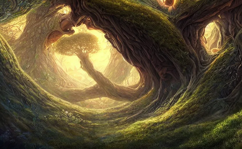 Prompt: a colossal tree bearing giant tear - shaped blue amber fruit, rolling hills grassland far below, fantasy digital painting, stunning, intricate details, artwork by ross tran and artgerm