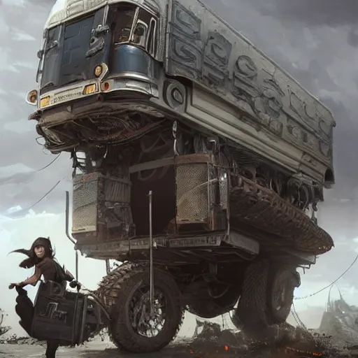 Image similar to a highly detailed epic cinematic concept art CG render digital painting artwork: the back of a steampunk truck in motion. girl in grey hoodie holds onto the back door of the truck. By Greg Rutkowski, Ilya Kuvshinov, WLOP, Stanley Artgerm Lau, Ruan Jia and Fenghua Zhong, trending on ArtStation, made in Maya, Blender and Photoshop, octane render, excellent composition, cinematic atmosphere, dynamic dramatic cinematic lighting, aesthetic, very inspirational, arthouse