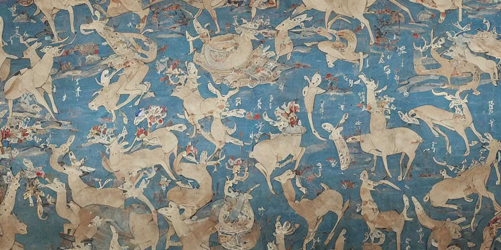 Image similar to beautiful dunhuang murals, blue, white deer