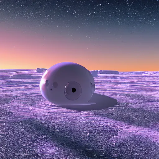 Prompt: a small spaceship landed on an ice covered planet, gradient sunset in the background
