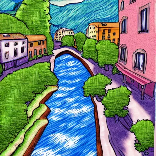 Image similar to digital art painting of a river running through a european town, very mediocre, not detailed at all.