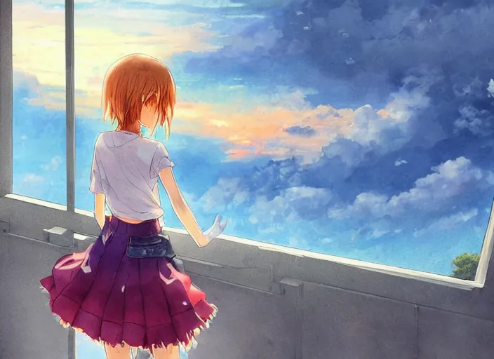 Image similar to anime girl in skirt looking out the window at megopolois and sunset, dynamic composition, motion, ultra-detailed, incredibly detailed, a lot of details, amazing fine details and brush strokes, colorful and grayish palette, smooth, HD semirealistic anime CG concept art digital painting, watercolor oil painting of Clean and detailed post-cyberpunk sci-fi close-up schoolgirl in asian city in style of cytus and deemo, blue flame, relaxing, calm and mysterious vibes,, by a Chinese artist at ArtStation, by Huang Guangjian, Fenghua Zhong, Ruan Jia, Xin Jin and Wei Chang. Realistic artwork of a Chinese videogame, gradients, gentle an harmonic grayish colors. set in half-life 2, Matrix, GITS, Blade Runner, Neotokyo Source, Syndicate(2012), dynamic composition, beautiful with eerie vibes, very inspirational, very stylish, with gradients, surrealistic, dystopia, postapocalyptic vibes, depth of field, mist, rich cinematic atmosphere, perfect digital art, mystical journey in strange world