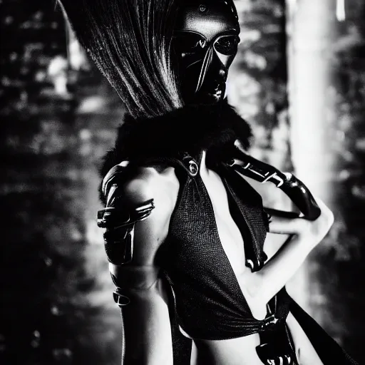 Prompt: fashion photography of an extraterrestrial model, wearing a black gaz mask, wearing demobaza fashion, inside berghain, berlin fashion, harness, futuristic fashion, dark minimal outfit, photo 3 5 mm leica, hyperdetail, berghain, 8 k, very detailed, photo by nick knight