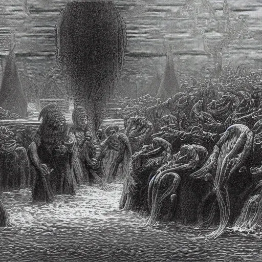 Prompt: Innsmouth, illustration by Gustave Doré