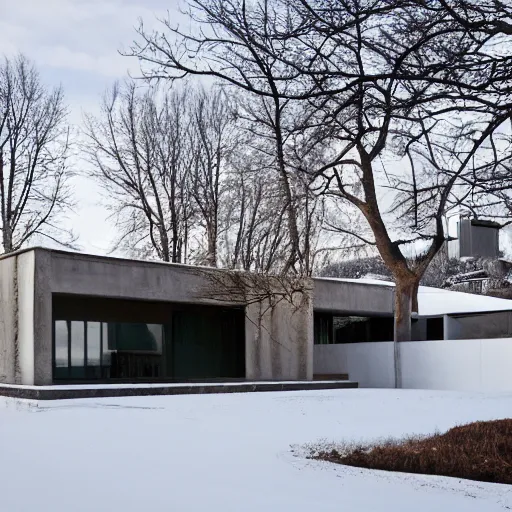 Prompt: brutalist modern house in winter