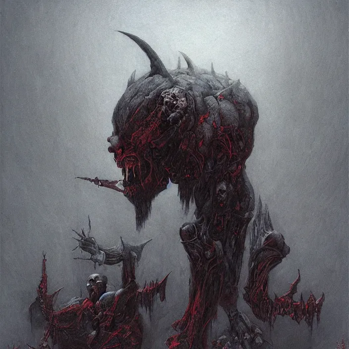 Image similar to demon berserker, symmetrical, muscular body, demon, balrog, beksinski