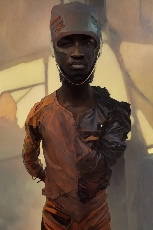 Image similar to a full body portrait oil painting illustration of an african man by justin sweet and greg rutkowski and alphonse mucha with face and body clearly visible, techwear, futuristic, cyberpunk, artstation trending, high quality, sombre mood, artstation trending, abstract colours, no crop, entire character!,